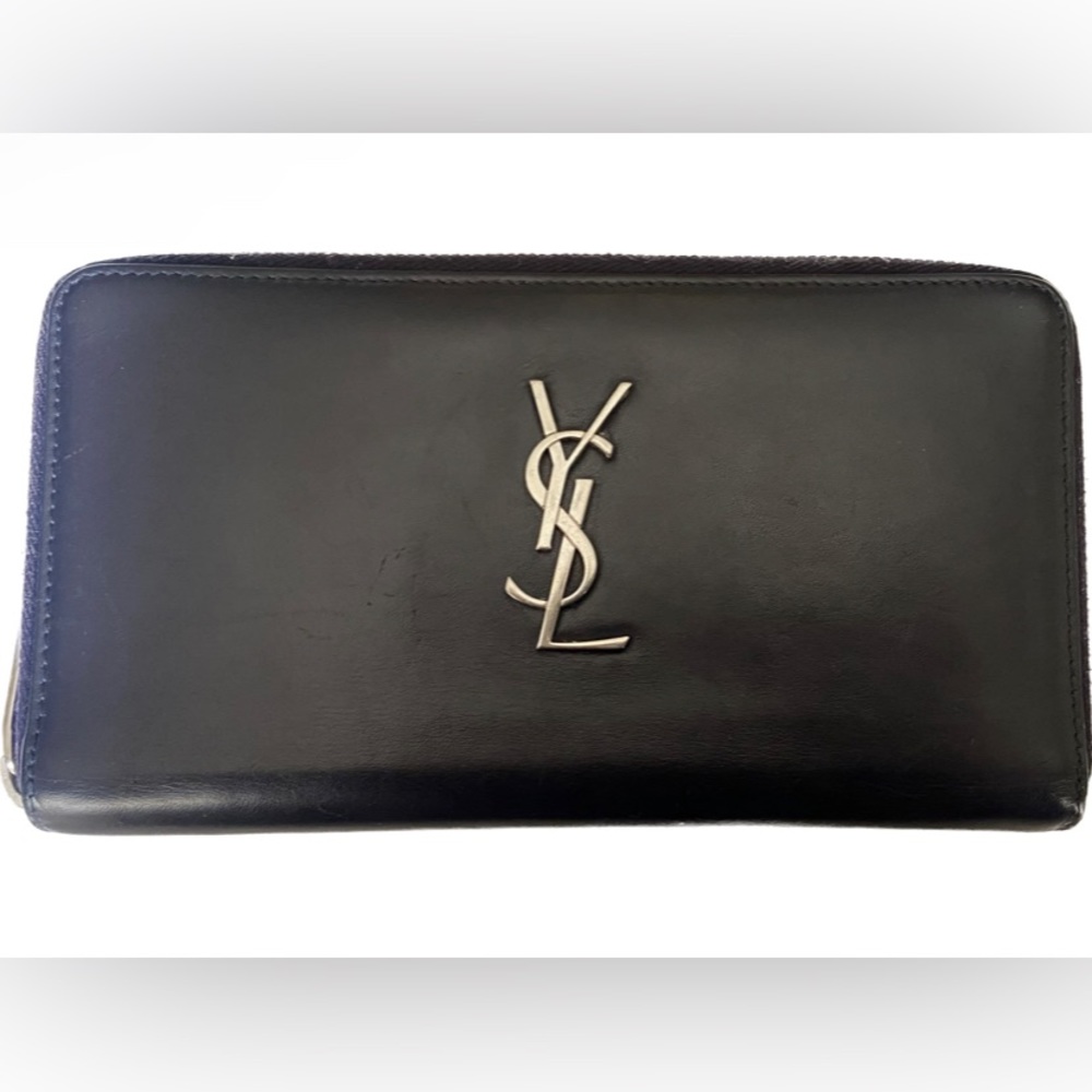 YSL SAINT LAUREN ❤️❤️ ZIP AROUND LONG WALLET BLACK WITH METAL HARDWARE YSL LOGO - Picture 1 of 15
